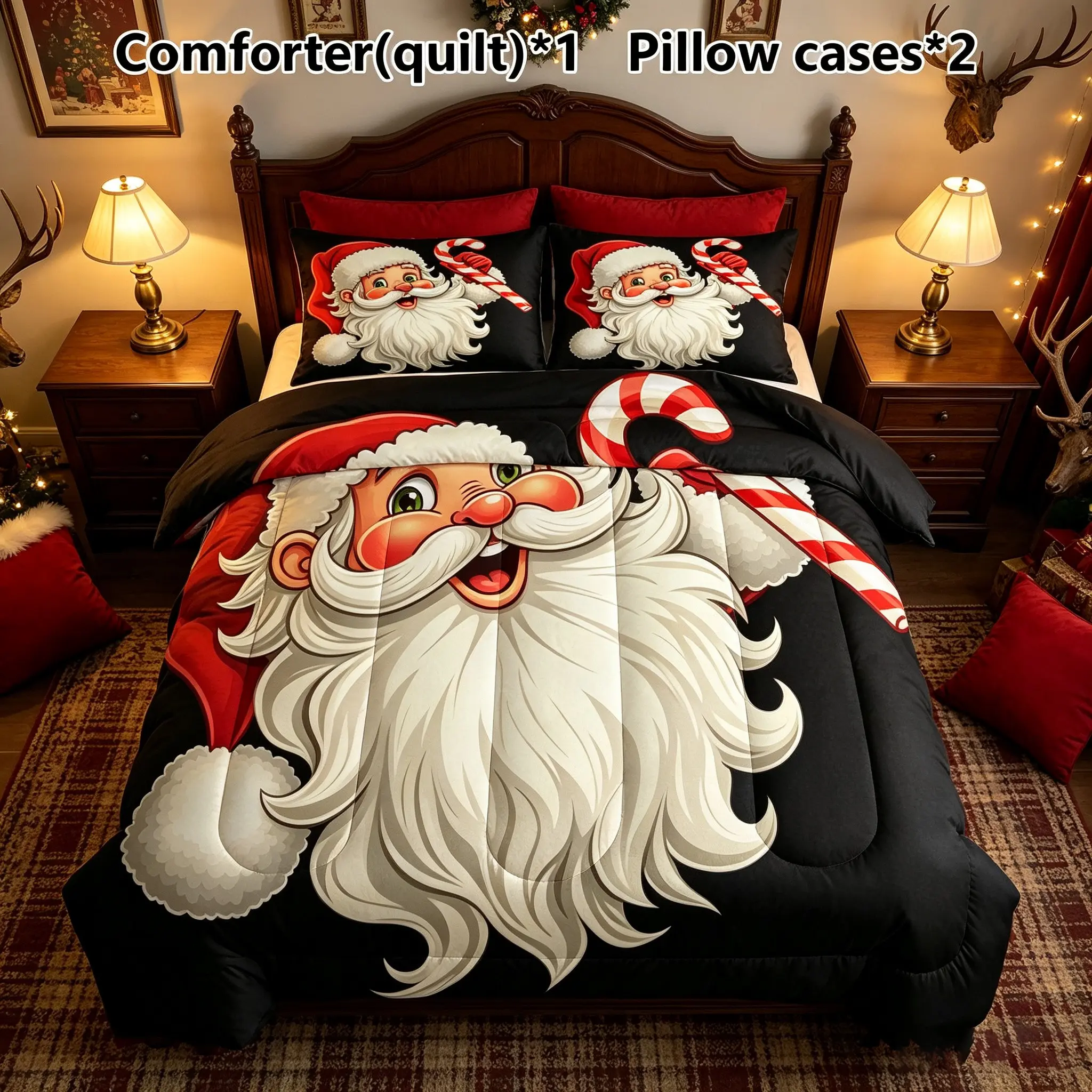 3pcs black background cartoon Santa Claus red and white cane candy printed quilted quilt set (1 quilted quilt+2 pillowcases) machine washable Christmas day spread quilt European and American bedroom homestay hotel universal bedding