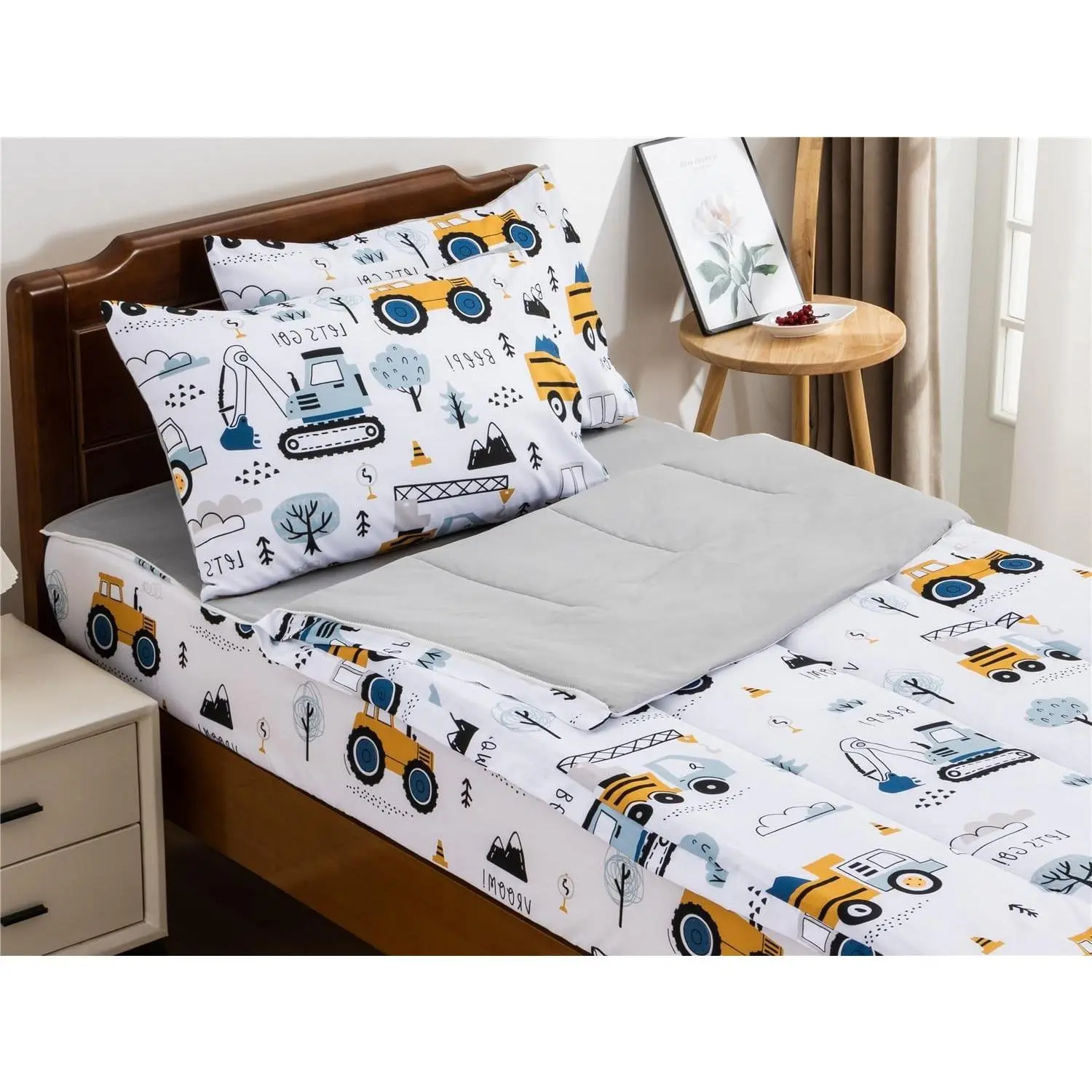 Twin Construction Truck Printed Bedding Sets - Lightweight Microfiber Forest Car Comforter Set with Fitted Sheets, Zippered Cover, Pillow Covers, White Grey