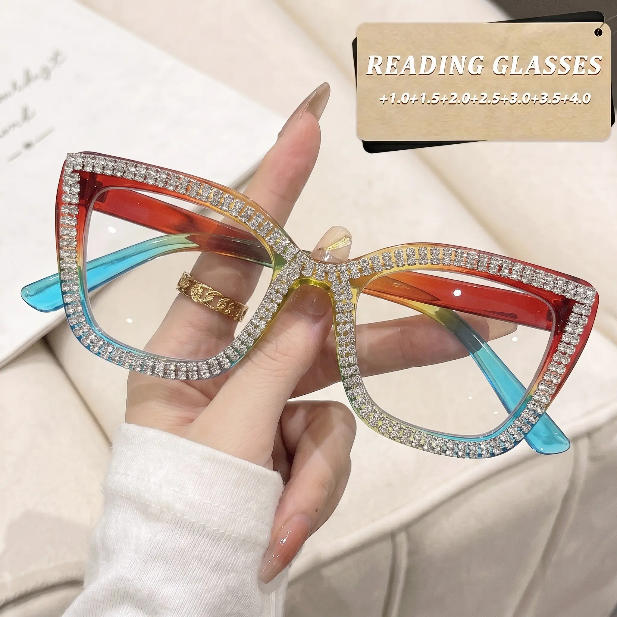 New classic retro square diamond-encrusted cat-eye light luxury HD reading glasses, Reading Eyewear, PC frame PC lenses, lightweight and comfortable, 1.0-4.0 diopters, suitable for daily mobile phone, computer, office use