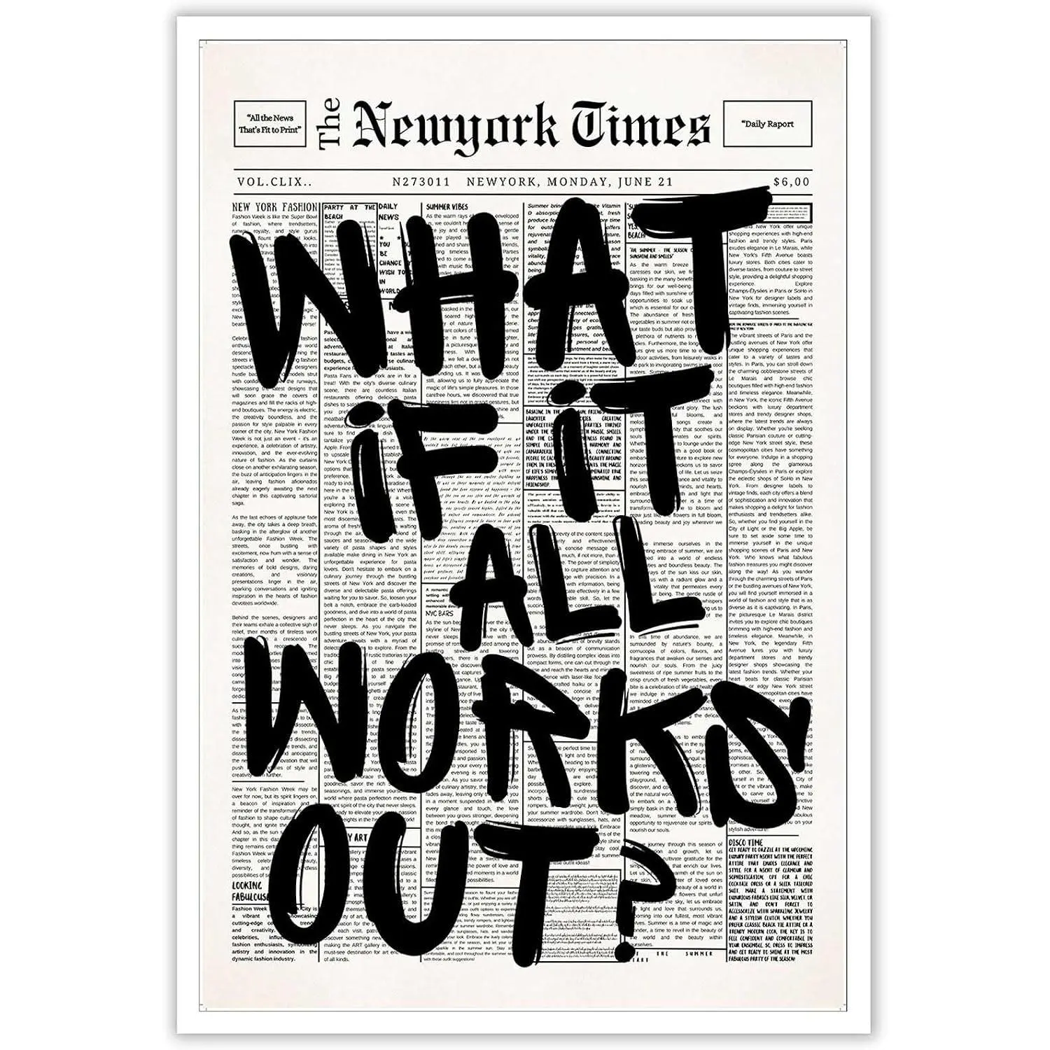 What If It All Works Out Wall Art, Black and White Newspaper Motivational Typography Poster for Bedroom, Office, Dorm Room or Study Space Decor