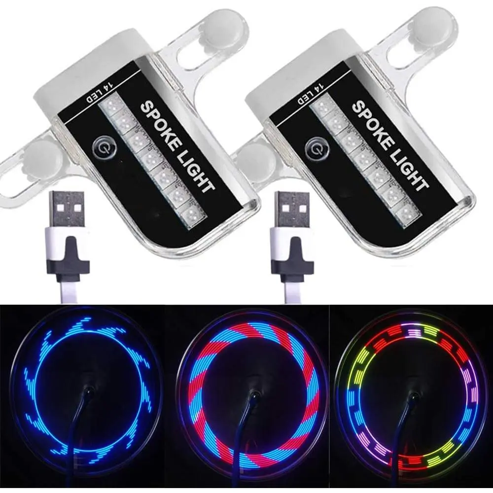 2 Tire Rechargeable LED Bike Wheel Lights, Waterproof Bicycle Spoke Lights, 30 Patterns Cycling Tire Lights  Kids Adults Night Riding