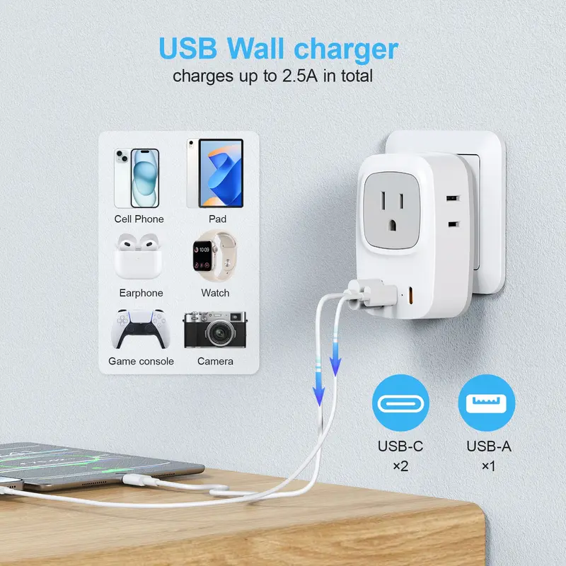 Europe Travel Plug Adapter, International Power Converter with 4 Ac Outlets & 3 USB Ports, Us to Eu France Germany Spain Italy Iceland, USB Multi Plug, USB Socket