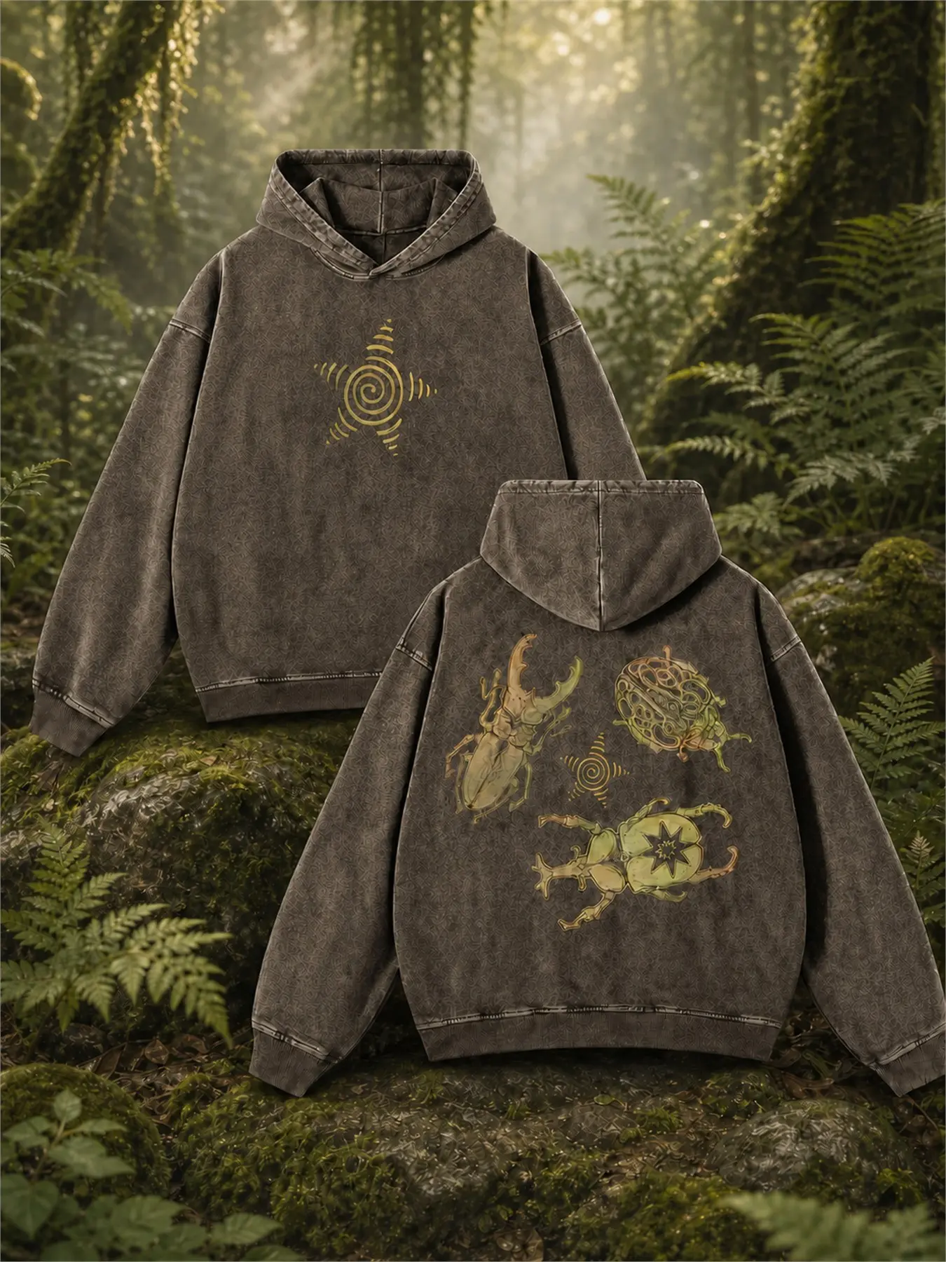 Men's Vintage Washed Green Beetle Graphic Hoodie, Insect Back Print Oversized Long Sleeve Sweatshirt, Casual Streetwear for Fall and Winter, Graphic Streetwear Clothing