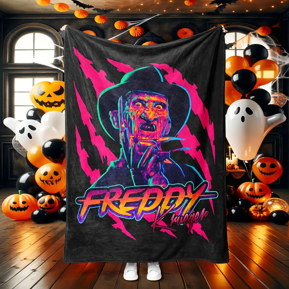 Neon Gradient Freddy Krueger Graphic Throw Blanket - Pink Lightning Background, A Nightmare On Elm Street Horror Theme, Fluffy Flannel, Multi-Size 1-Piece, Halloween Room Decor Gift