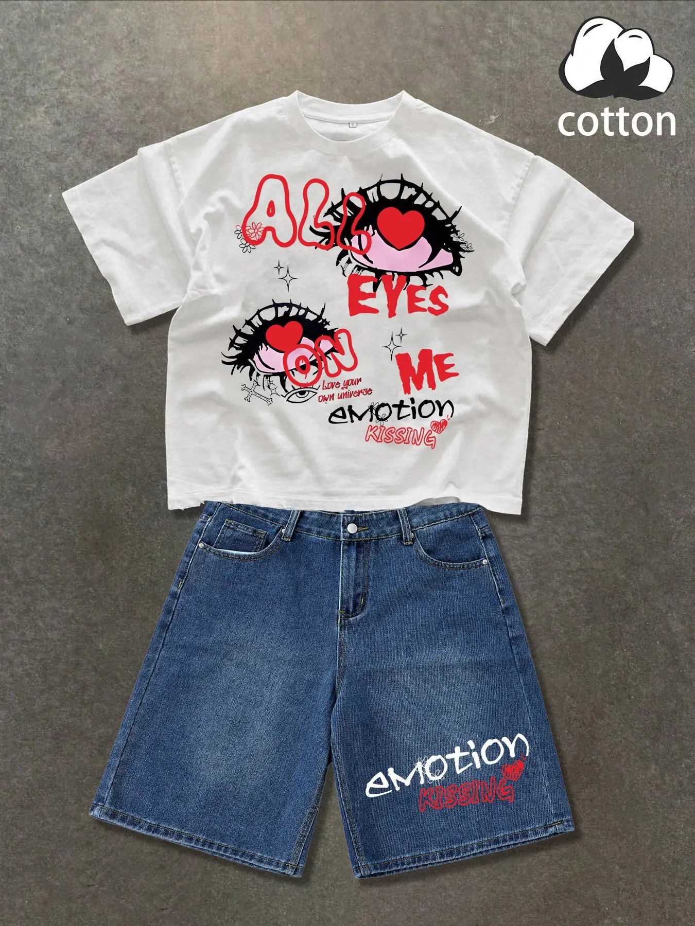Men Women 2 Piece Set Y2K Graffiti Print Cotton Short Sleeve Tee & Jeans Shorts, Casual Streetwear, Loose Fit, Graphic Pattern