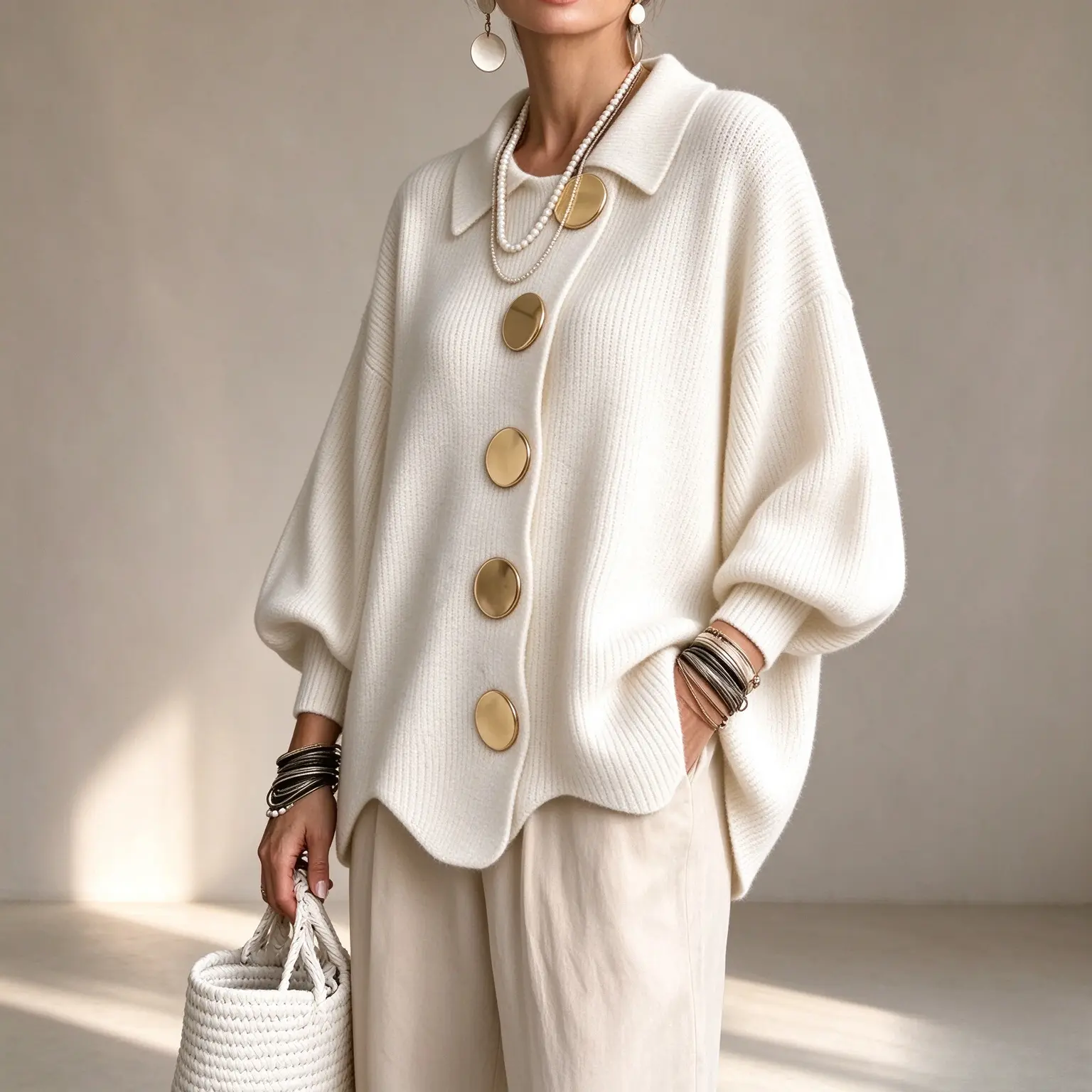 Women French Lapel Knit Cardigan, Loose Solid Color Sweater Coat with Big Metal Buttons, Irregular Hem Lantern Long Sleeve Casual Top for Spring Fall
