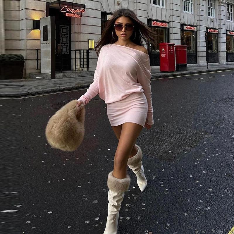 Women's Solid Sexy One Shoulder Cut Out Long Sleeve Bodycon Dress, Strapless Backless Plain Loose  & Slim Package Hips Mini Dress, Party Club Date Holiday Casual Dress, Ladies Spring Fall Winter Short Dresses Clothes Wear