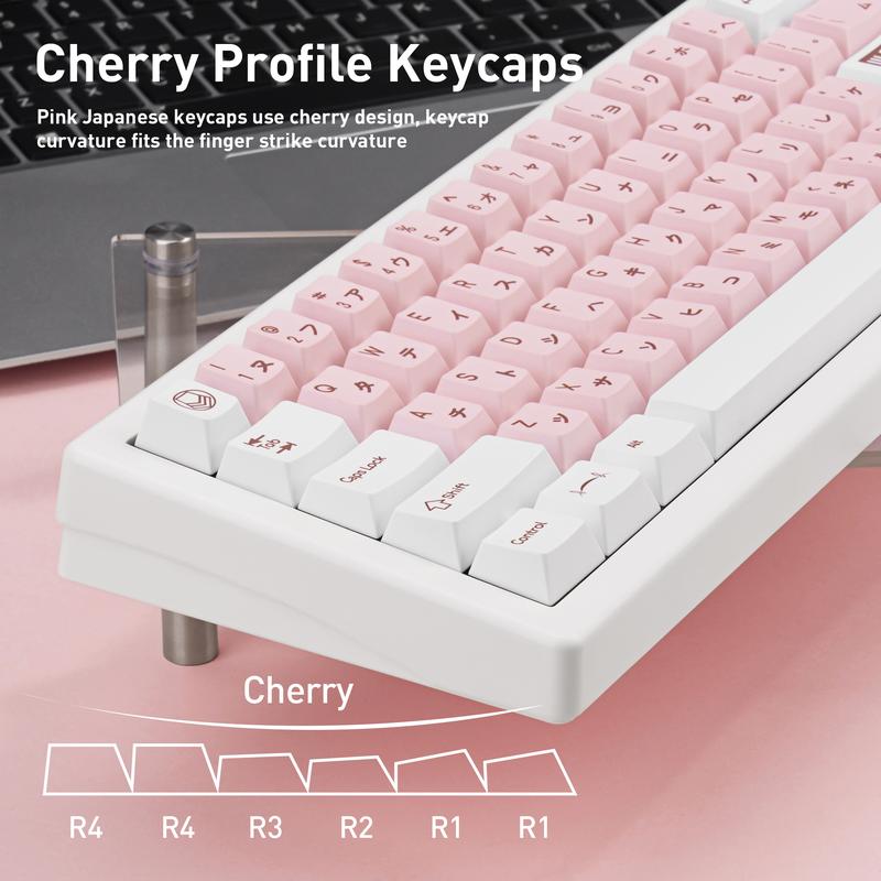 White and Pink Japanese PBT Keycaps - Cherry Profile, Dye Sublimation, Minimalist Custom Key Caps for Cherry MX Gateron Switches Mechanical Gaming Keyboard, 130 Keys