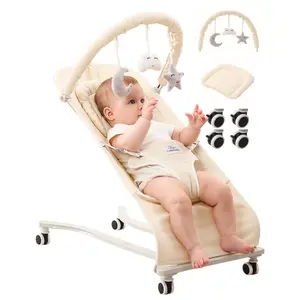 Cuddobaby Wheelable Baby Bouncer 100% Cotton| Extra Head Support Cushion| 3-Level Adjustable Bouncer Seat for Babies 0-12, 12-24 Months, Bouncy Chair up to 20Lbs, Newborn Friendly, Unisex - Oat