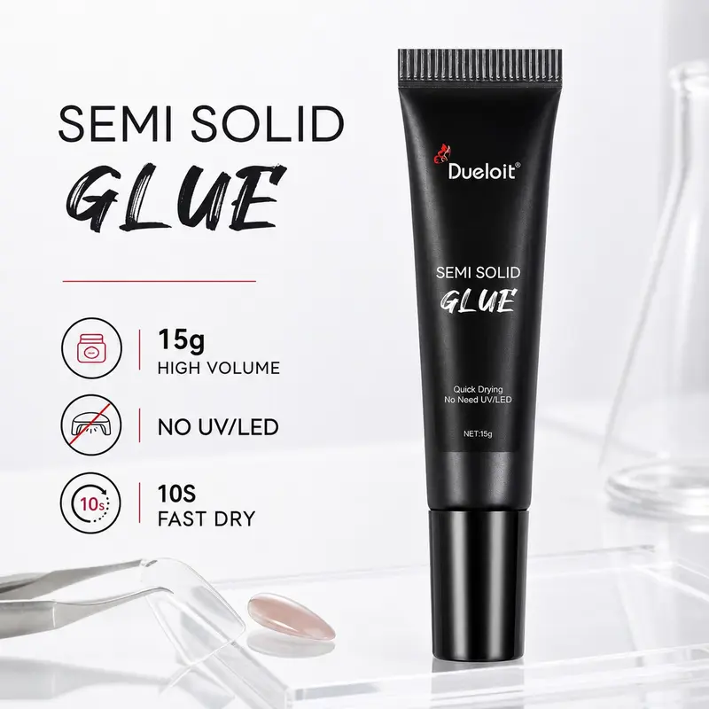 15g Semi Solid Nail Glue Sleek Black Tube Precision Nozzle Bubble-Free No UV 28Days Strong Waterproof for Press-On Nails Home DIY Manicure Nail Art Products