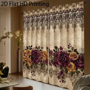 Vintage Purple Rose & Royal Lace Curtains - 2-Piece Shabby Chic Window Drapes - Elegant Plum & Gold Floral 2D Flat HD Printing Decor for Bedroom & Living Room - Luxury Victorian Aesthetic Home Textile Set