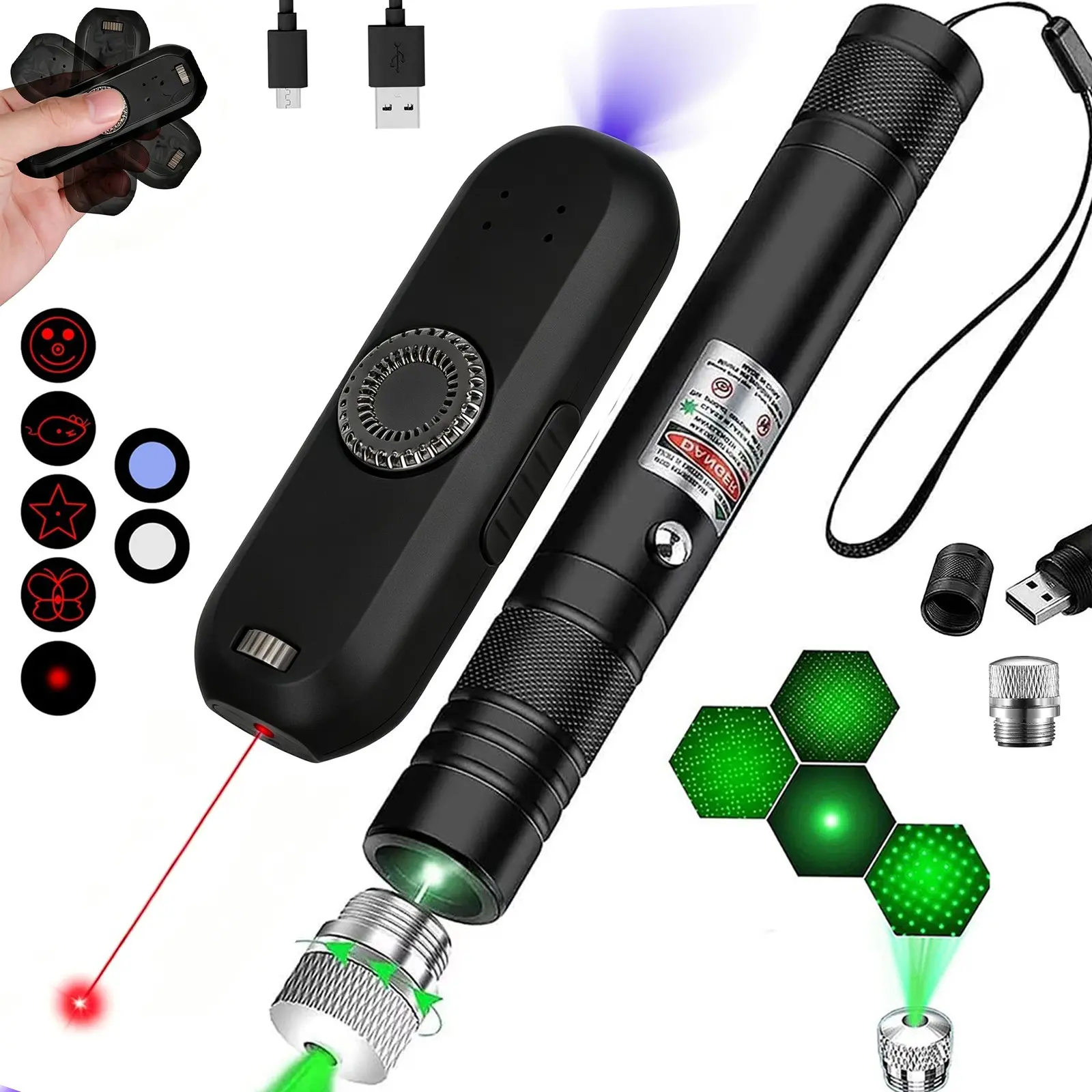 Rechargeable Pet Laser Toy Set, Laser Pointer, 8 Modes Including 5 Patterns, UV Light for Pet Health Check, Nightlight Function, Stress Relief Feature