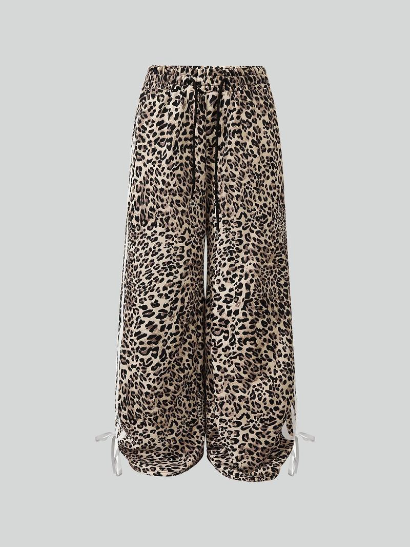 Women's Leopard Print Sweatpants Side Stripe Wide Leg Pants Y2K Streetwear Baggy Trousers with Bow Hem，Trendy Leopard Print Track Pants High Waist Loose Fit Casual Joggers Soft Comfy Lounge Trousers for Women，Hip Hop Street Dance Bottoms Fashion