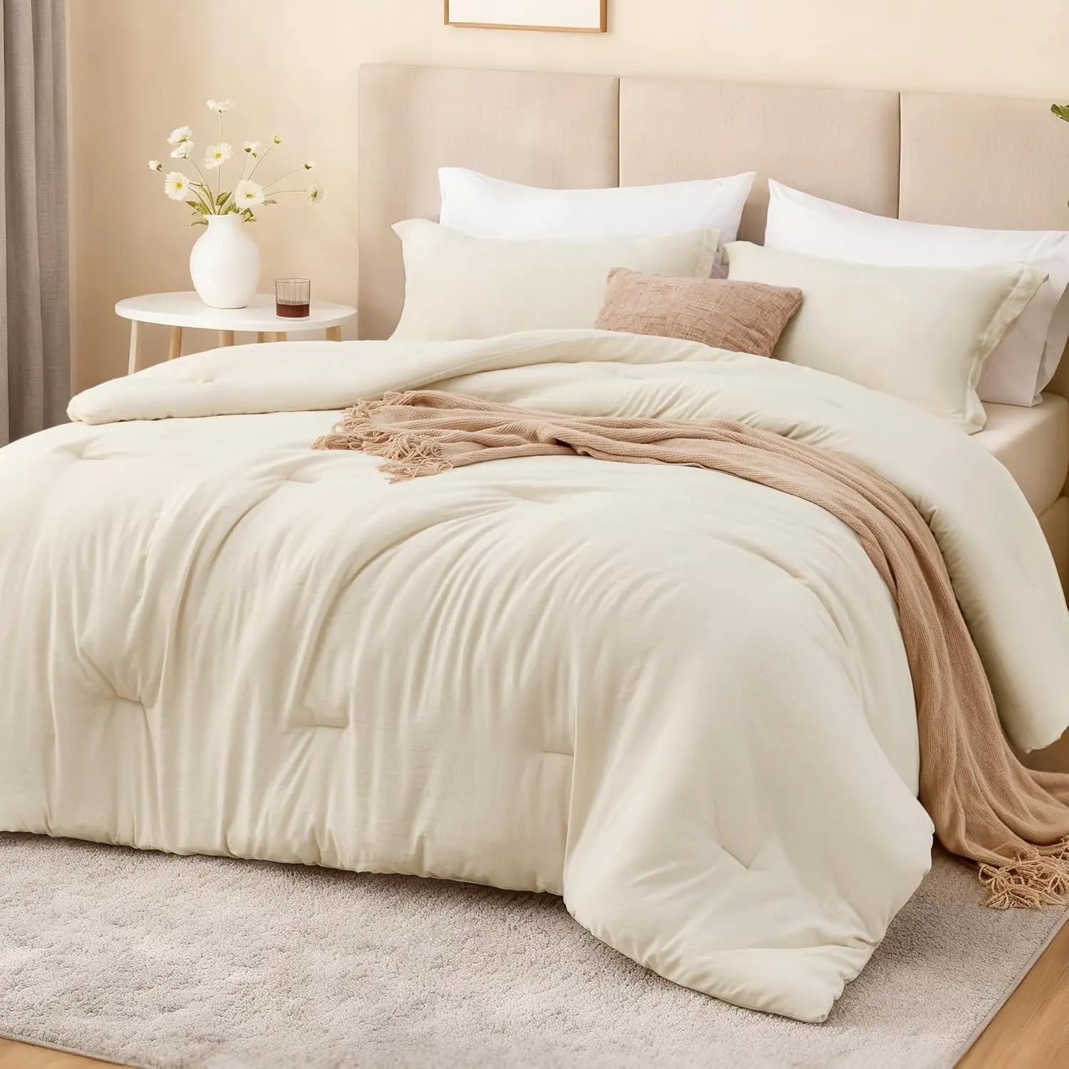 Beige Twin/Twin XL Comforter Set, 2-Piece Prewashed Bed Set with 1 Comforter (66 x 90 in) & 1 Pillowcase, Lightweight & Breathable for All