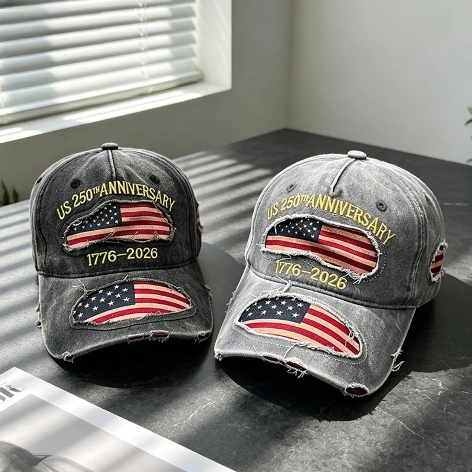 US 250th Anniversary Distressed Baseball Cap American Flag Embroidered Vintage Washed Patriotic Hat for 4th of July Celebration Gift