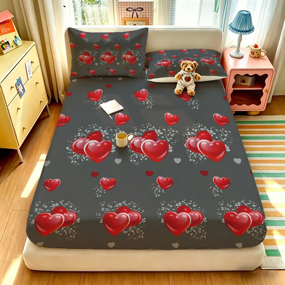 3Pcs Grey 3D Red Heart Floral Print Fitted Sheet Set, 1 Fitted Sheet + 2 Pillowcases (No Insert), Soft Comfortable Bed Cover with Deep Pockets, Suitable for All Rooms