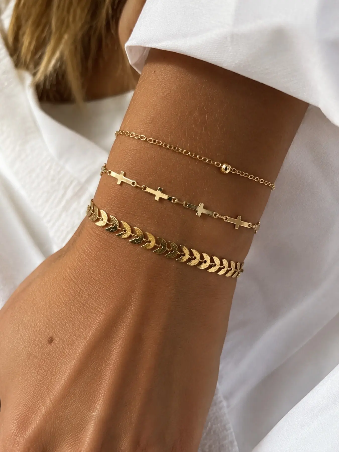 hree-Piece Stackable Jewelry Bracelets，Cross Crescent Fishbone Ornaments, Layered Bracelet Set