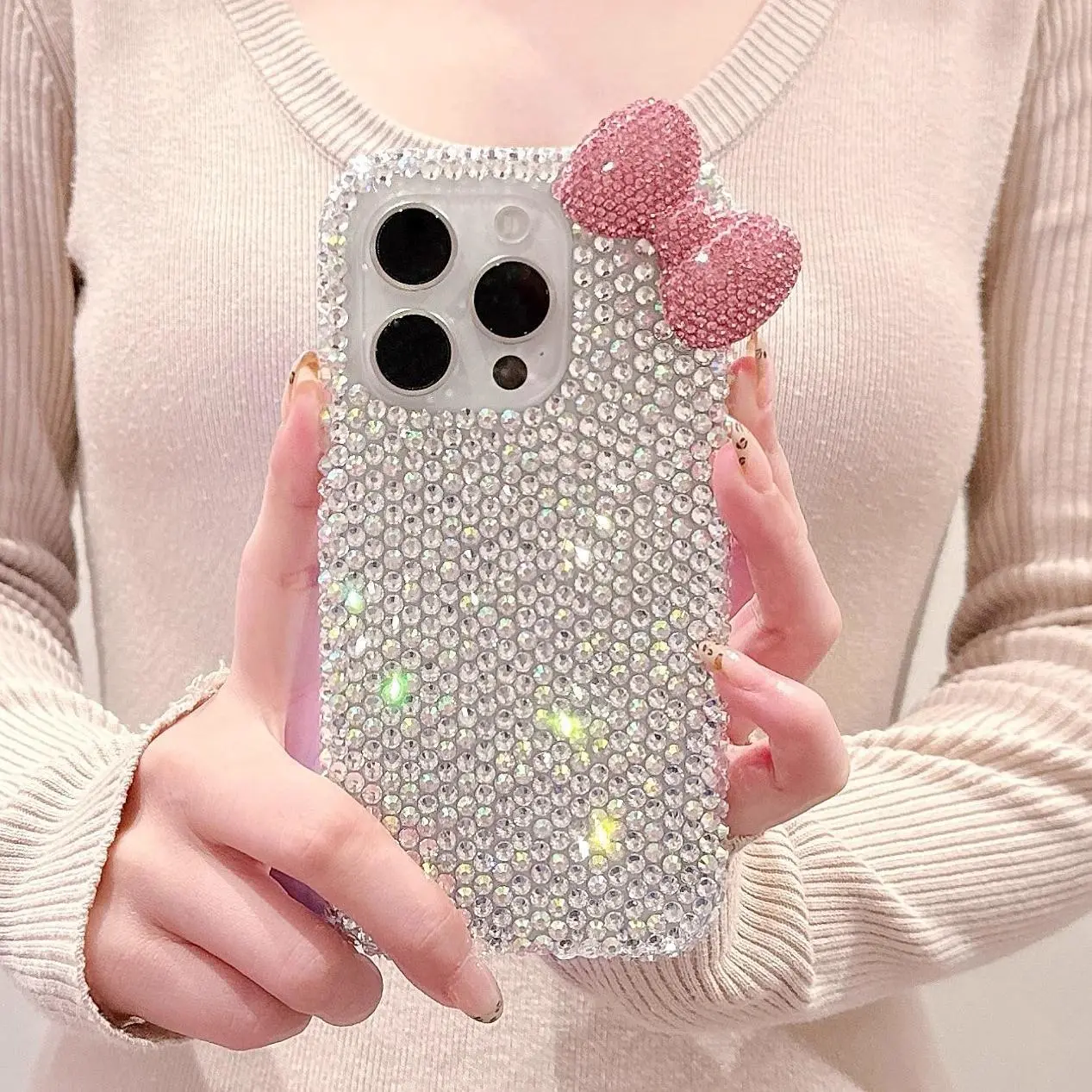2025 Instagram Aesthetic iPhone Case Accessories for 16-15-14 Pro Max, Sparkling Rhinestone Bow Glitter Full Body 360-Degree Shockproof Bling Multi-Model Cover