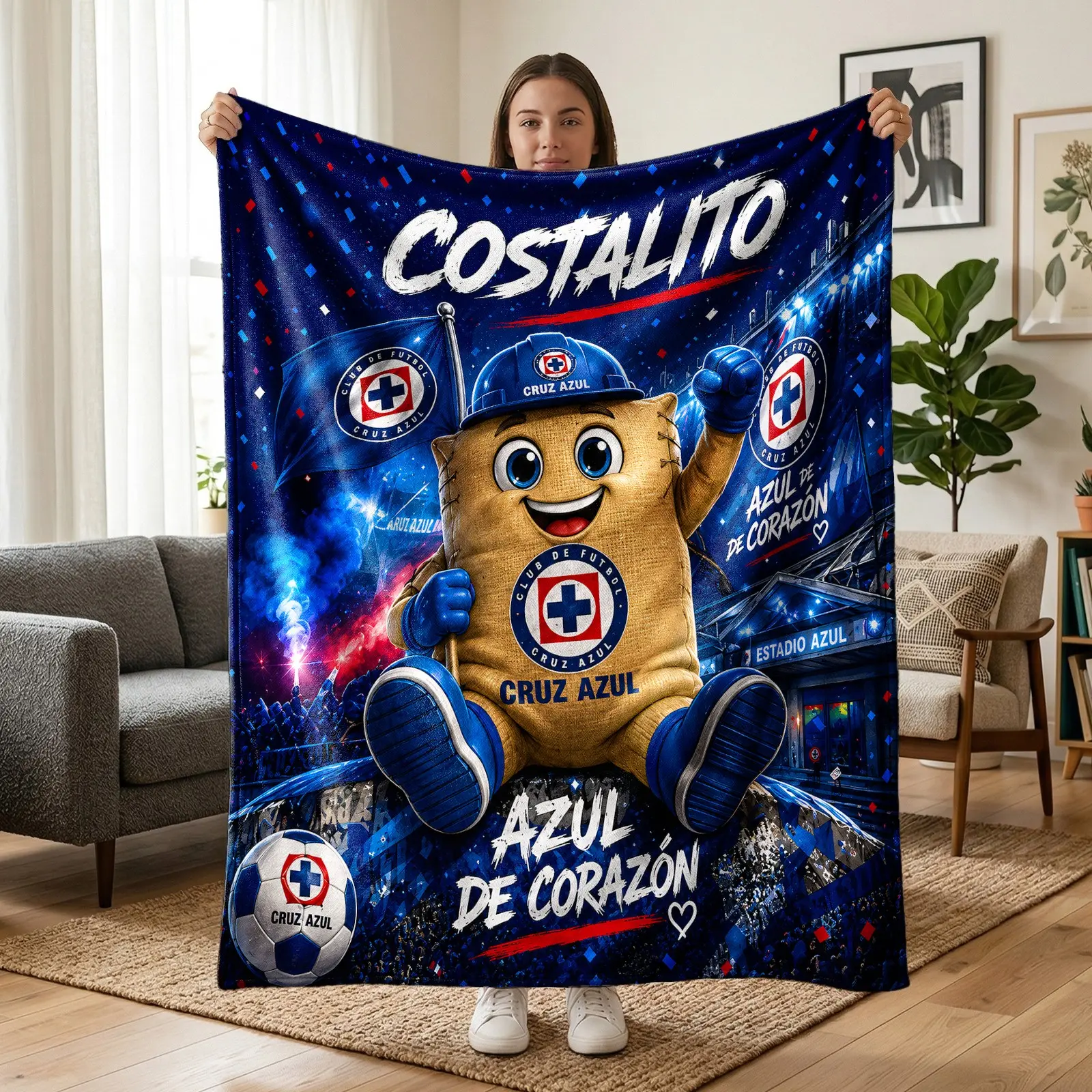 1pc Cruz Azul Mascot Flannel Blanket, Cruz Azul FC Fleece Throw Blanket, Cozy Throw Blankets, Soccer Fan Blanket with Team Logo, Stadium Celebration, Soft Cozy Blanket for Sofa Bed Couch Office Camping Travel, Birthday Christmas Gift