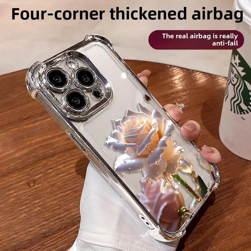 Crystal Clear Rose Phone Case for 15 16 Plus 14 13 12 11 Pro Max, Premium Slim Shockproof Four-corner Airbag Electroplating  Phone Cover for Men and Women