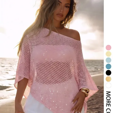 Elegant Women's Spring & Summer Oversized Loose Casual Tops for Home & Beach Vacation, Solid Color Knit Hollow Out Sequin Long Sleeve Womenswear Knitwear