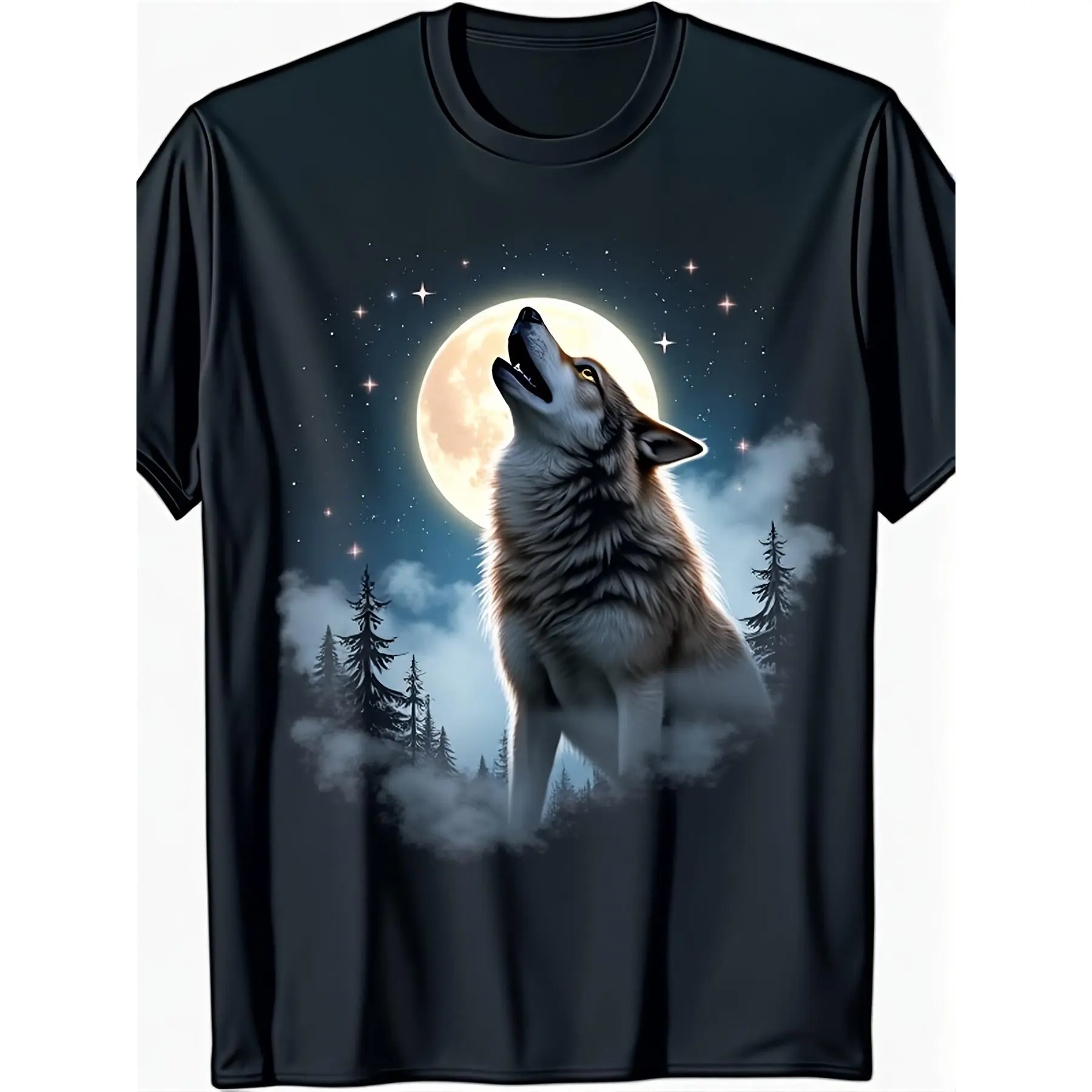 Men's Howling Wolf Graphic T-Shirt Black Wolf & Full Moon Night Sky Design Soft Breathable Fabric Machine Washable Crew Neck All Season Casual T-Shirt Regular Fit Vintage Style