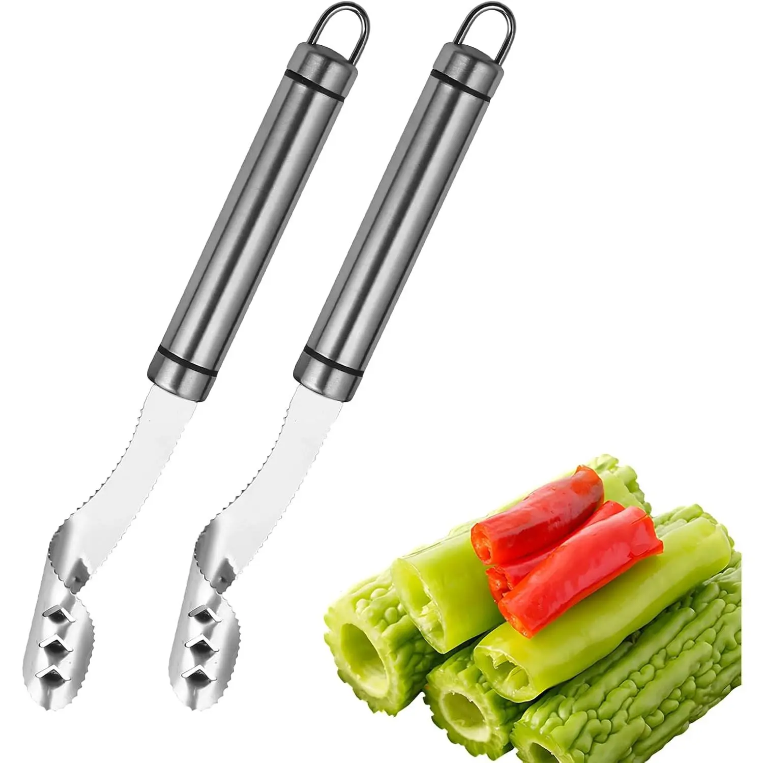 2pcs Pepper Corer, 2 in 1 Chili Corer Tool - Stainless Steel Pepper Seed Remover with Serrated Slice & Handle, Slicing Off Vegetable Tops or Removing Pepper Cores
