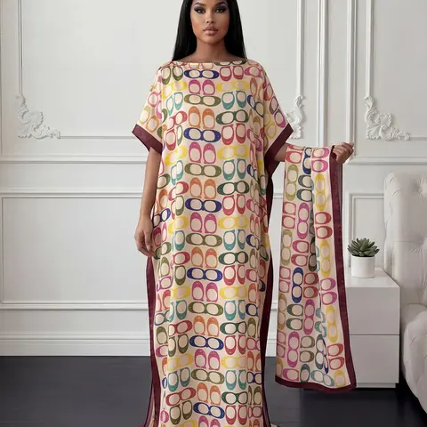 Elegant Geometric Print Kaftan Set, Loose Short Sleeve Long Robe and Matching Scarf, Women's Sun-Protection Swimsuit Cover-Up for Beach