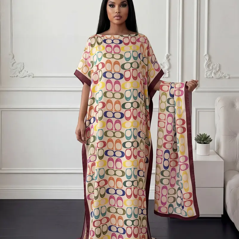 Elegant Geometric Print Kaftan Set, Loose Short Sleeve Long Robe and Matching Scarf, Women's Sun-Protection Swimsuit Cover-Up for Beach
