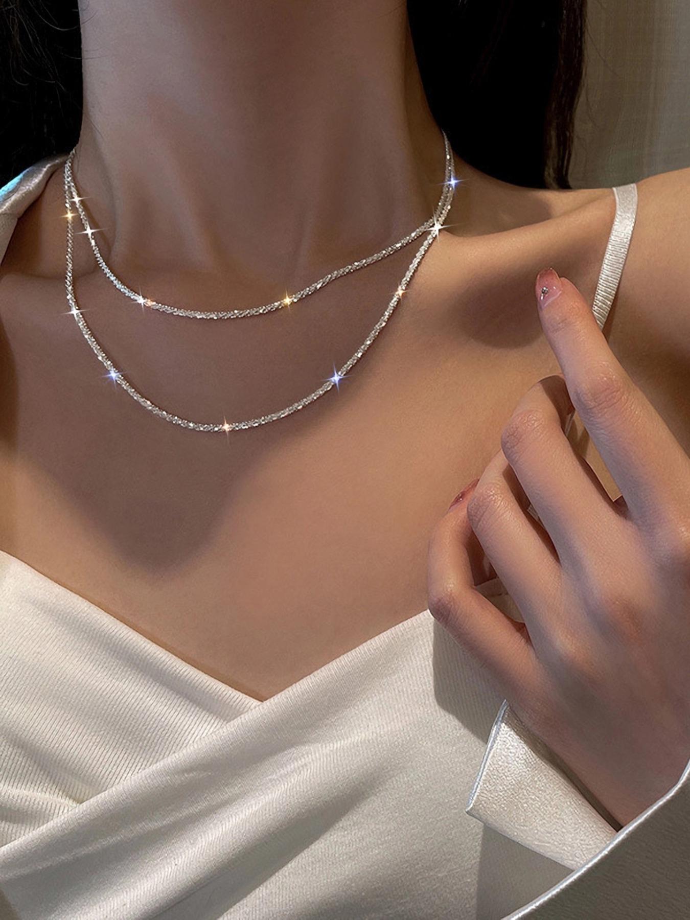 Elegant Artificial Diamond Chain Necklaces for Women, Luxury Sparkling Rhinestones Decor Chain Necklaces, Fashion Matching Jewelry, Bridal Accessories for Wedding & Engagement, Exquisite Chain Jewelry