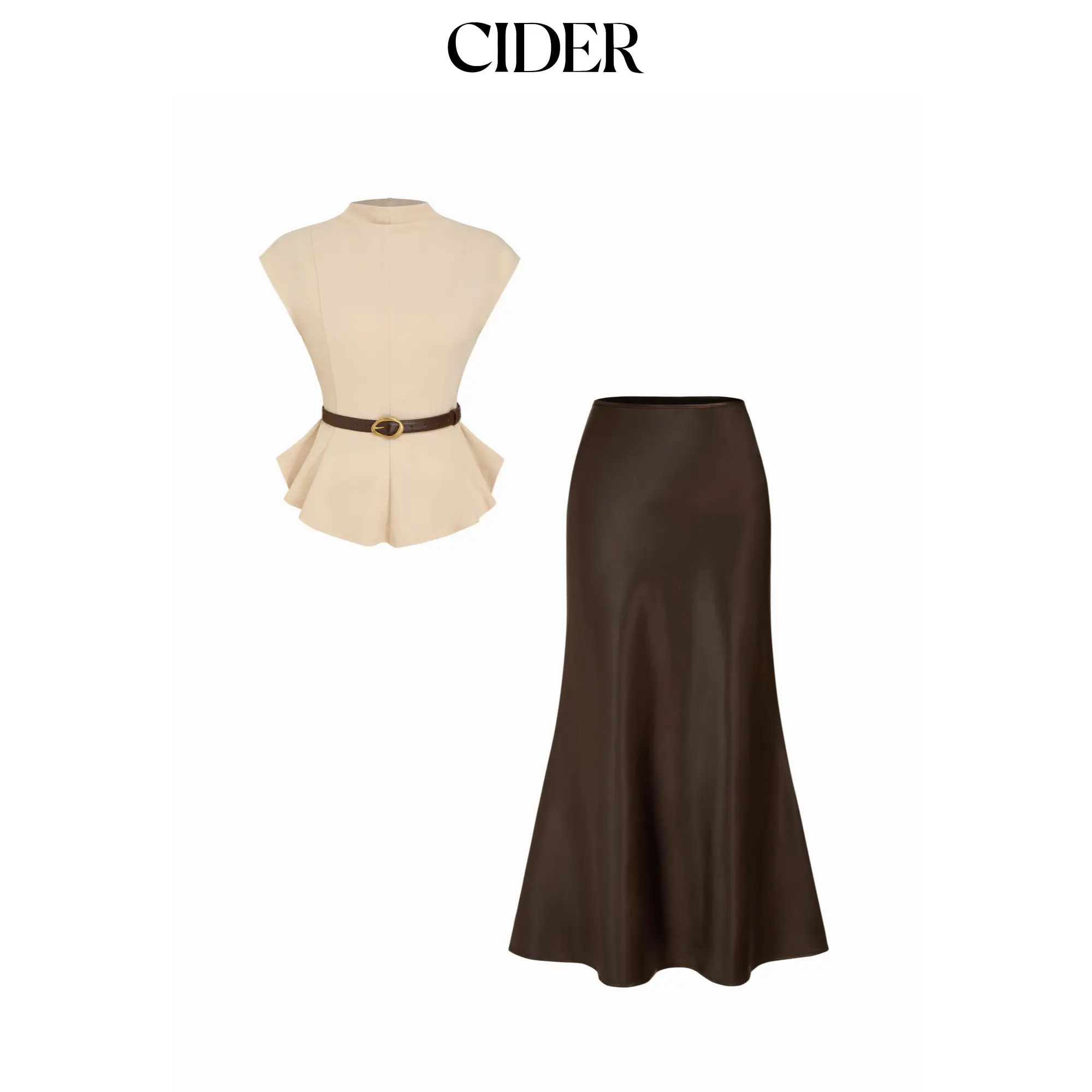 Cider Stand Collar Cinched Waist Top With Belt & Zipper Mermaid Maxi Skirt Set SohoChic