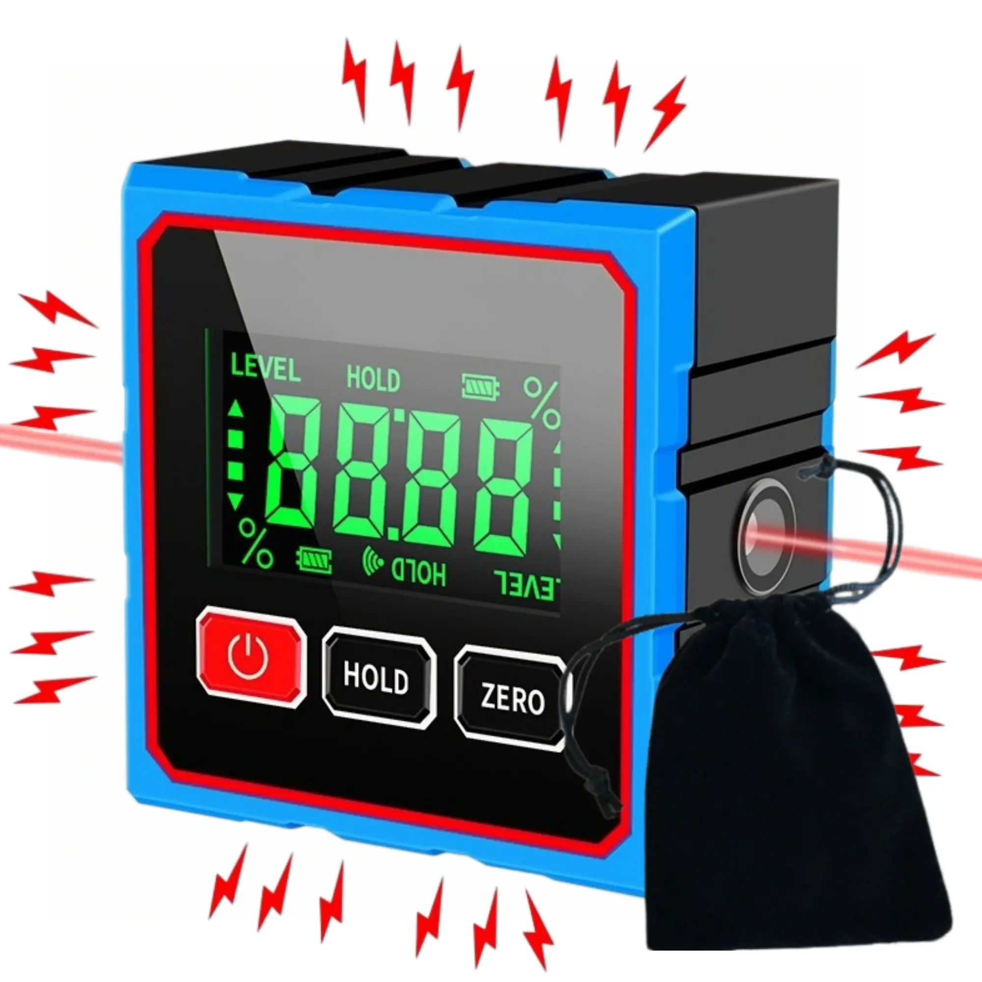 JC100 Blue Magnetic Electronic Digital Inclinometer, Data Hold, High Precision, Shockproof, Portable USB Charging, Includes Storage Bag
