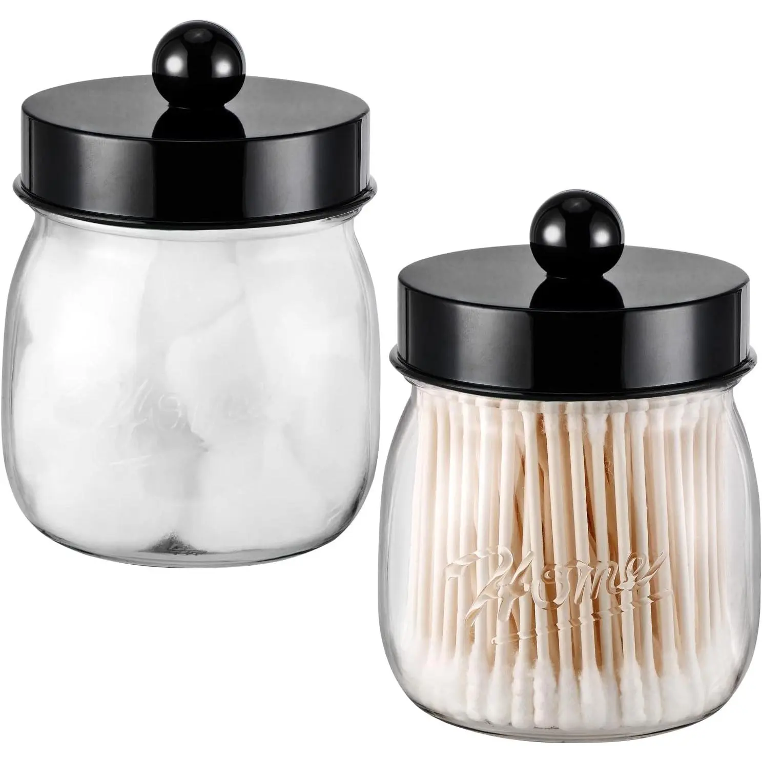 2 Pack Acrylic Mason Jar Qtip Holder Dispenser with Labels, Black | Small Plastic Apothecary Jars,Vanity Canisters for Cotton Swabs,Balls,Floss Picks,Bathroom Storage Organizers,Farmhouse Decor