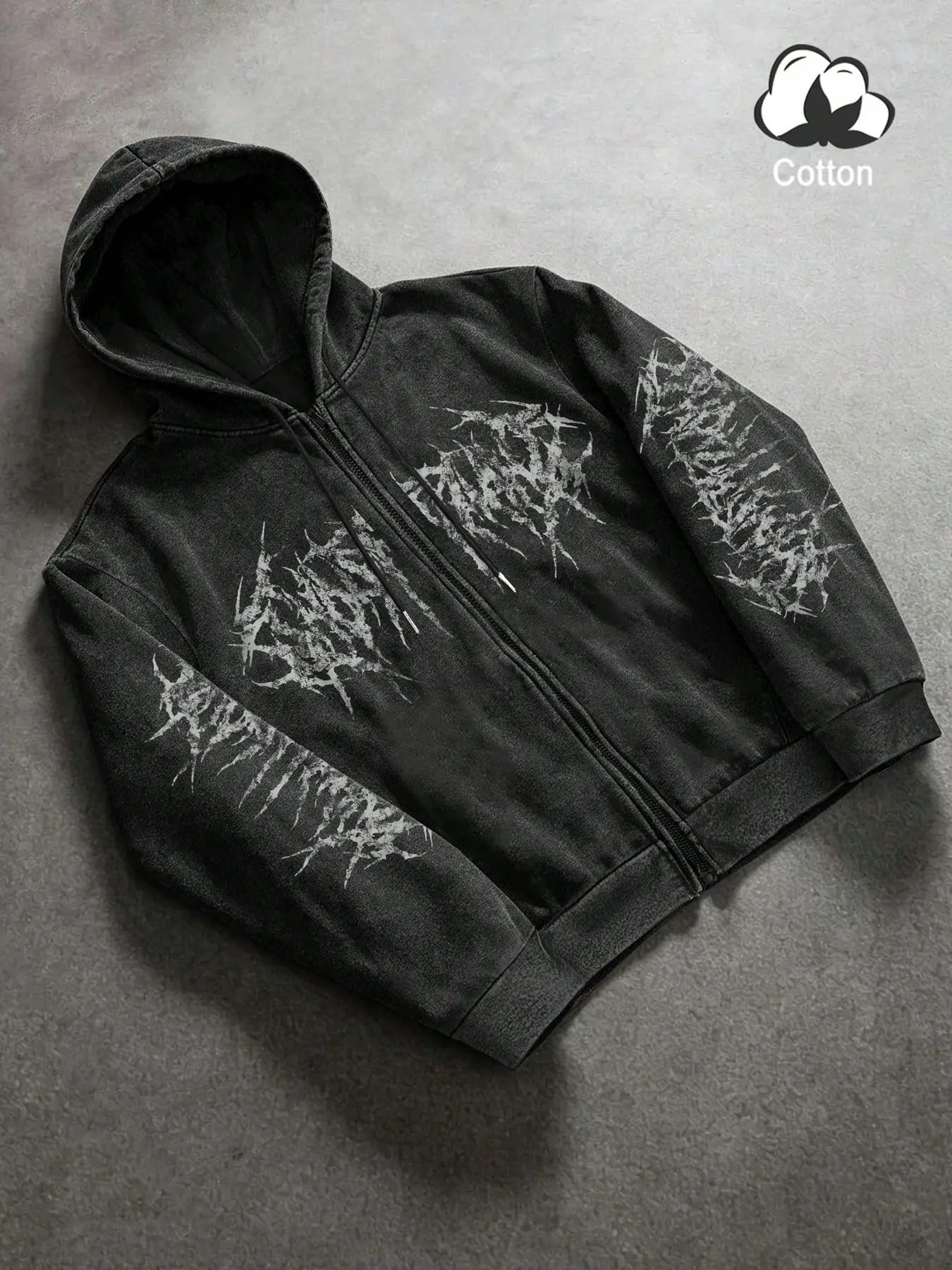 Vintage Washed Cotton Zipper Hoodie, Dark Punk Thorn Metal Font Print, Men's Streetwear Jacket, Heavy Metal Subculture Outerwear