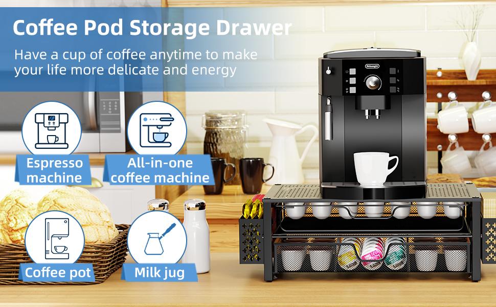 Simple Trending Coffee Pod Holder for K Cups 2 Tier Sliding Storage Drawer 63 Large or 80 Small Capsule Organizer Black Metal Frame 20D x 10W x 5.8H