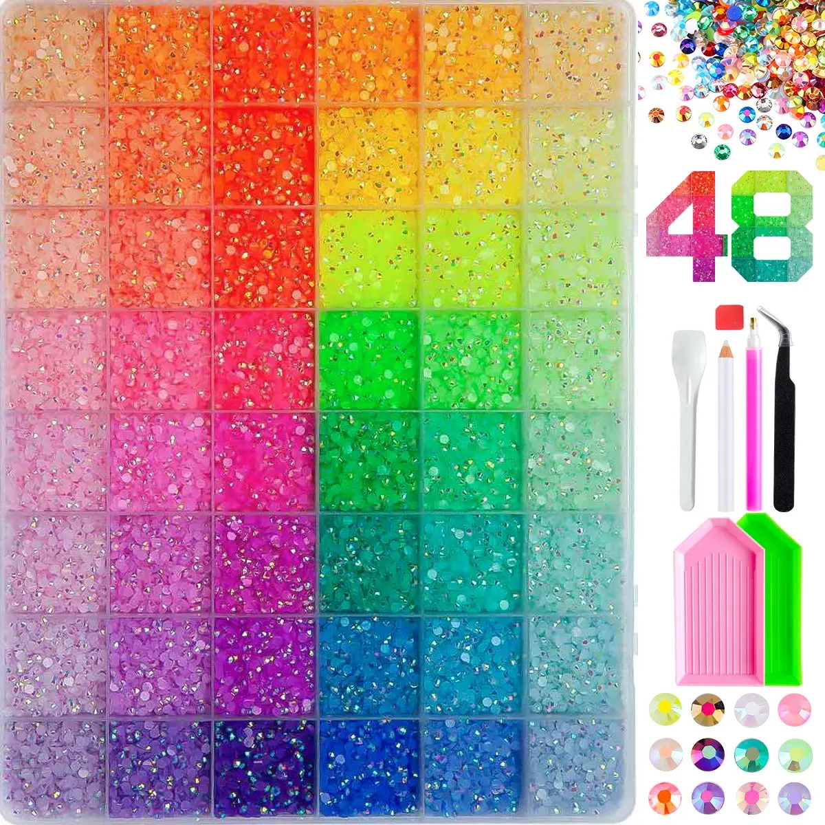 48 Grids Rainbow Pastel AB Flatback Rhinestone Kit with DIY Tools, Crystal Rhinestones, Nail Gems for Nail Art, Phone Case & Clothing, Perfect for Clothing, Nail Art, Colorful Decorations