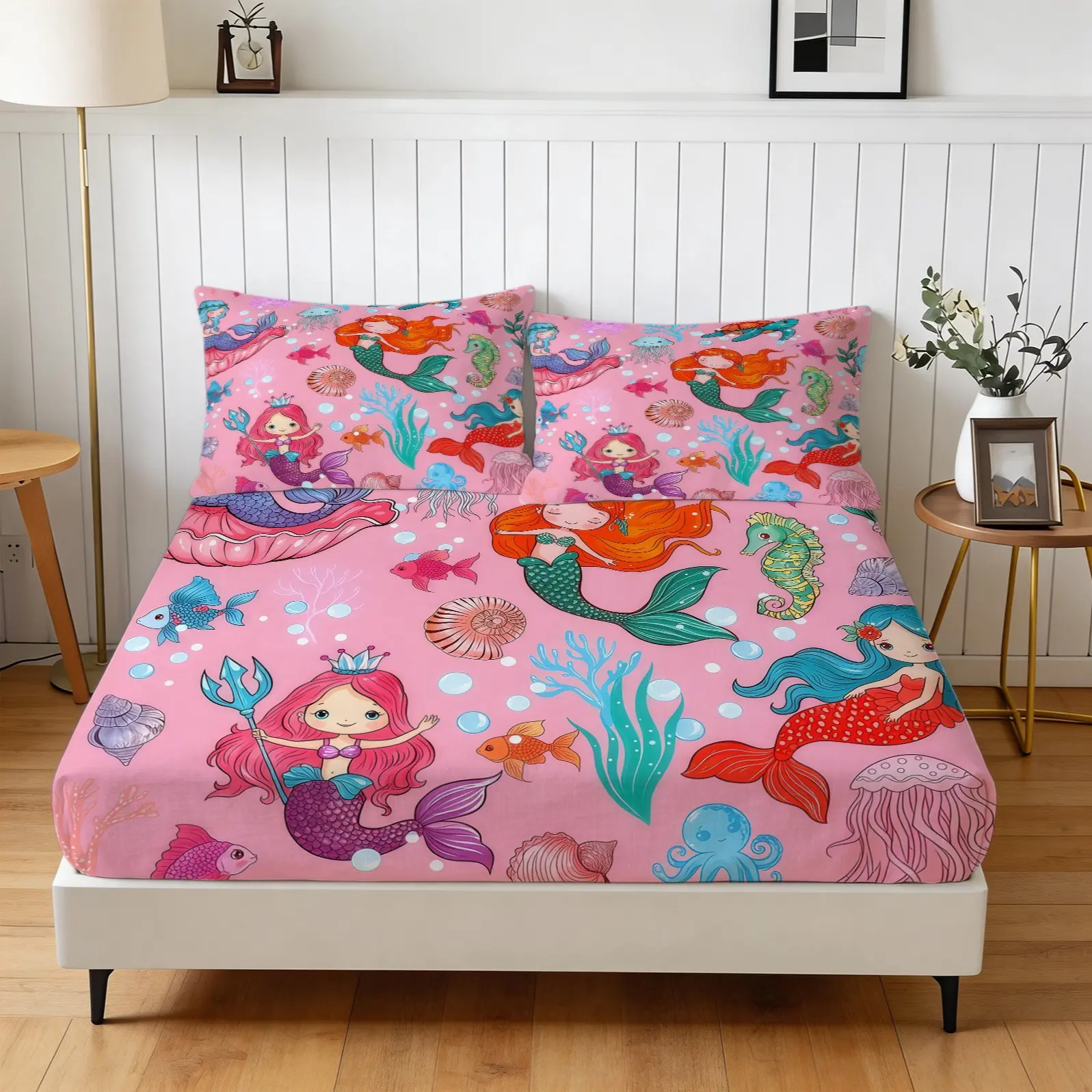 3-Piece Little Mermaid Pattern Fitted Sheet Set, Soft And Comfortable Bedding Set (1 Sheet And 2 Pillowcases, Pillow Core Not Included), Suitable For Bedrooms, Dormitories, And Apartments