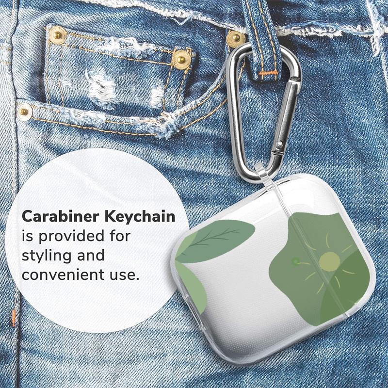 Green Flowers Pattern Protective Case for AirPods 4/3/2/1/Pro/Pro2 Soft TPU Earphone Cover, Transparent with Keychain