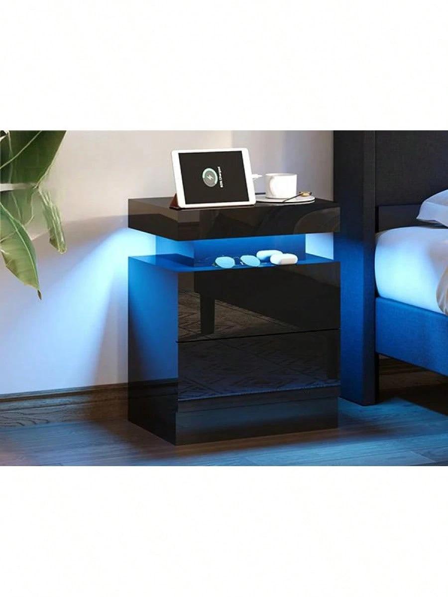 Modern Nightstand Set Of 2 With LED Lights And Charging Station, Side Tables With 2 Drawers And Open Storage Shelf, Stylish End Tables For Bedroom