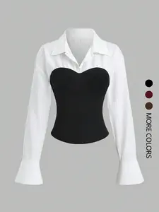 This women's white long-sleeved blouse with puff sleeves and patchwork design is elegant and versatile, suitable for everyday wear and various occasions.
