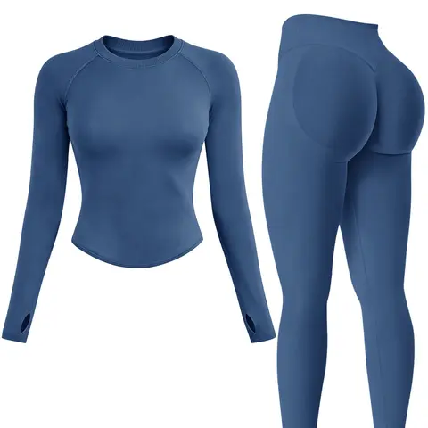 Women's 2-Piece Thermal Ski Base Layer Set, Stretchy Crew-Neck Slim Long-Sleeve Top with Thumb Holes & Butt-Lifting Athletic Pants, Sweat-Wicking & Warming Functional Undergarment Outfit for Outdoor Skiing, Cycling & Hiking