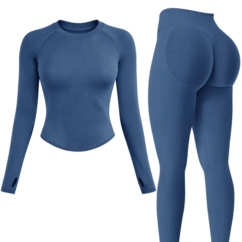 Women's 2-Piece Thermal Ski Base Layer Set, Stretchy Crew-Neck Slim Long-Sleeve Top with Thumb Holes & Butt-Lifting Athletic Pants, Sweat-Wicking & Warming Functional Undergarment Outfit for Outdoor Skiing, Cycling & Hiking