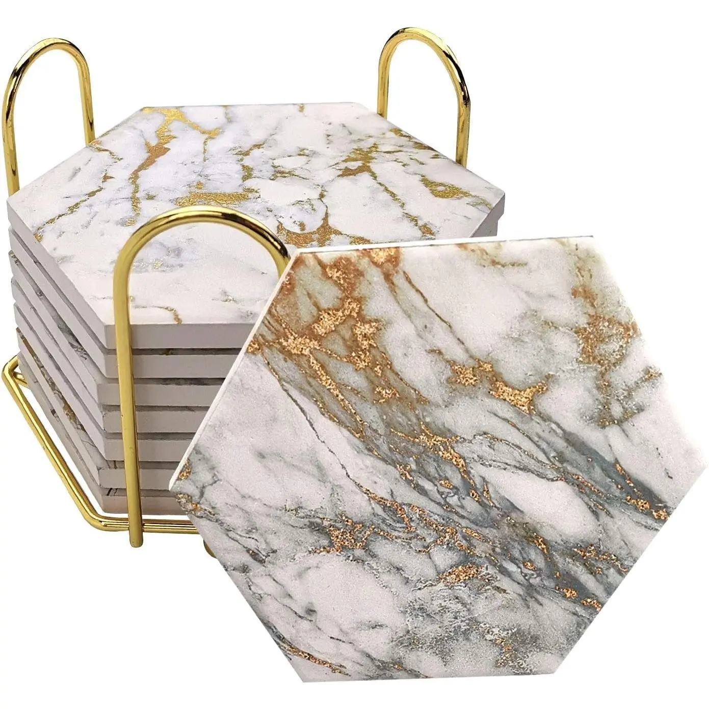 Coasters Set of 8 with Metal Holder Stand, Marble Design Ceramic Coaster Set, Cork Base, Gold Home Decor for Tabletop Protection, Gold Decor, Bar Cart Accessories (Golden)