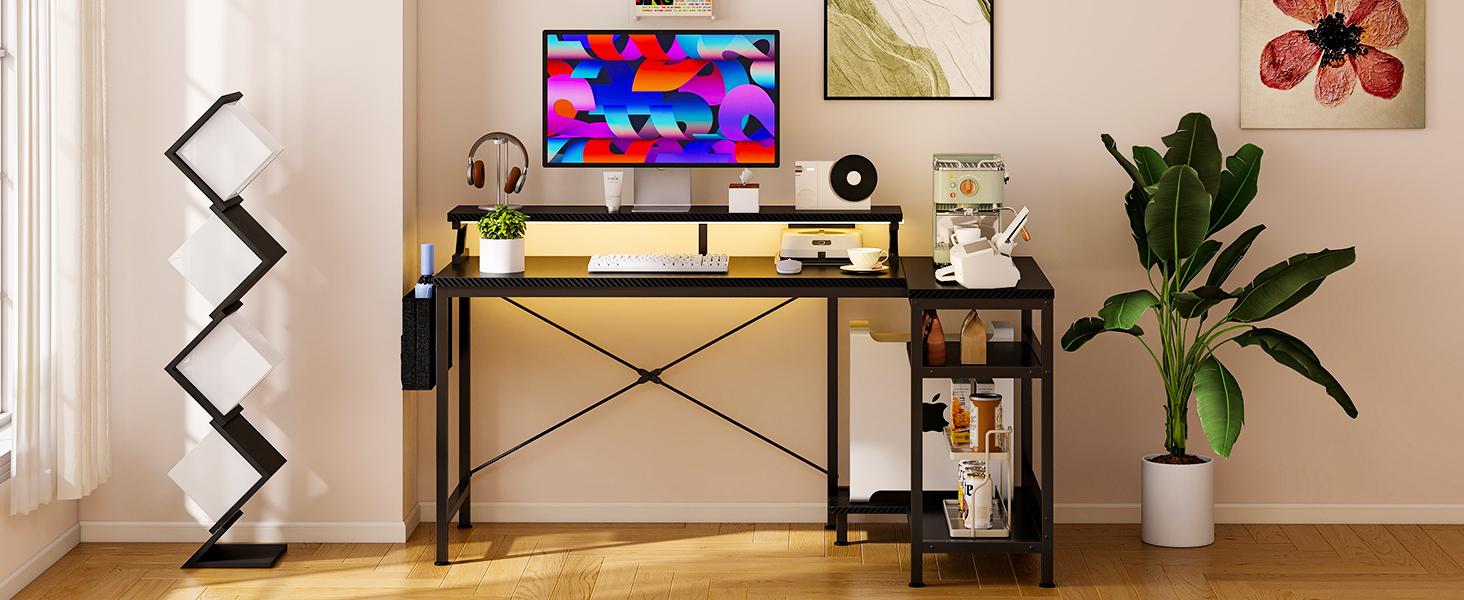 Gaming Desk, Computer Desk with USB Charging Ports, Power Outlets, Type-C and LED Lights, Reversible L Shaped Desk with Storage Shelves & Monitor Stand for Office Gaming Room Black 48IN