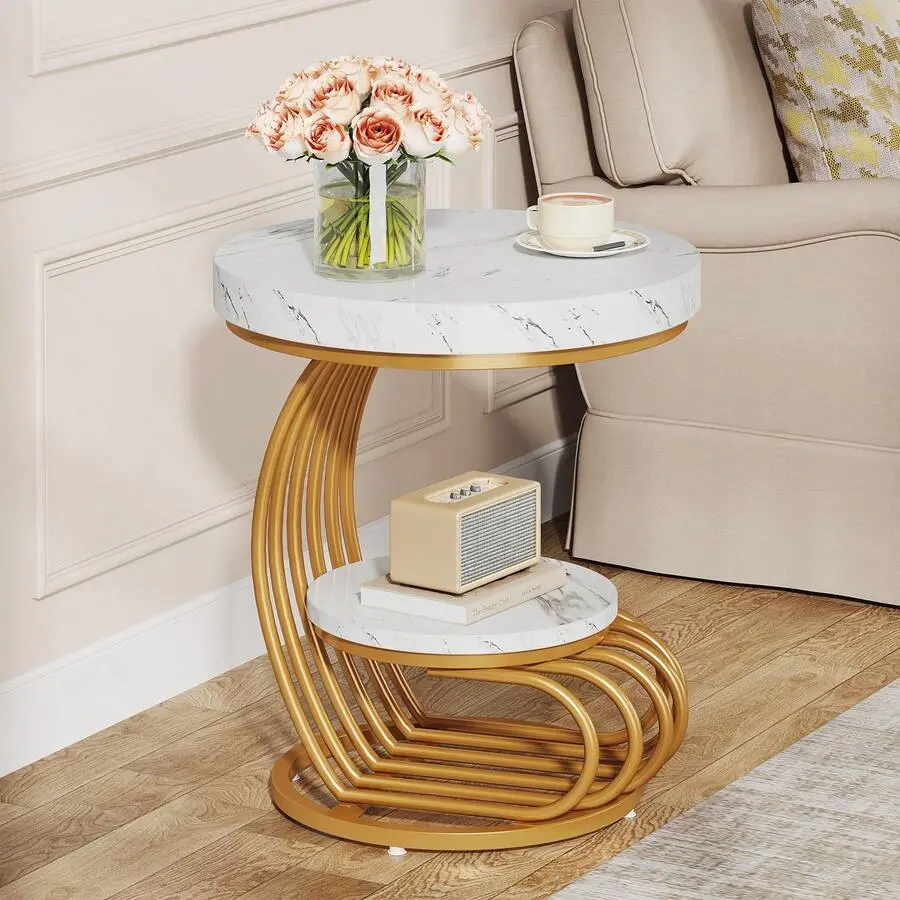 Round End Table, Modern 2-Tier Side Table With Shelf Storage, Small Sofa Side Bedside Nightstand,-Shaped Wood & Metal Frame Accent Table Living Room, White & Gold