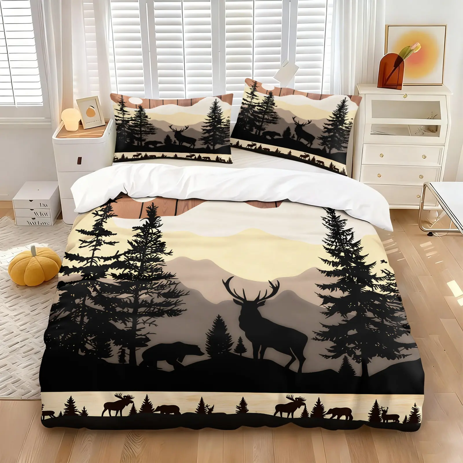 Vintage Western Wildlife Forest Mountain Bedding Set, Includes 1 Duvet Cover + 1/2 Pillowcases, Breathable Cozy Durable Fabric, Warm Collectible Surprise Gift For Campers, Hunters & Nature Enthusiasts