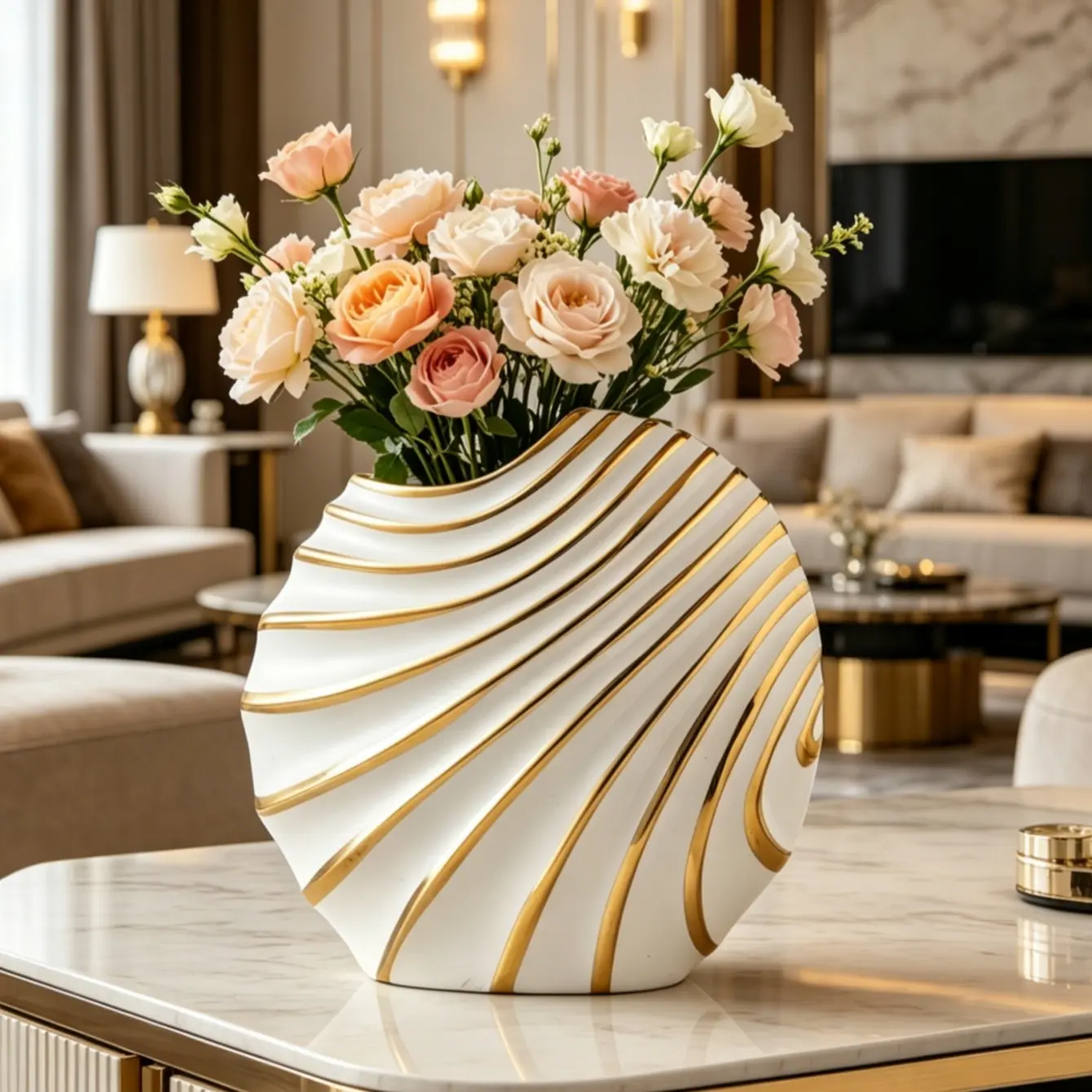 and Gold Stripe Ceramic Vase, Modern Luxury Wave Pattern Decorative Vase, Ideal for Living Room Dining Table Home Decoration, Decorative Flower Vase