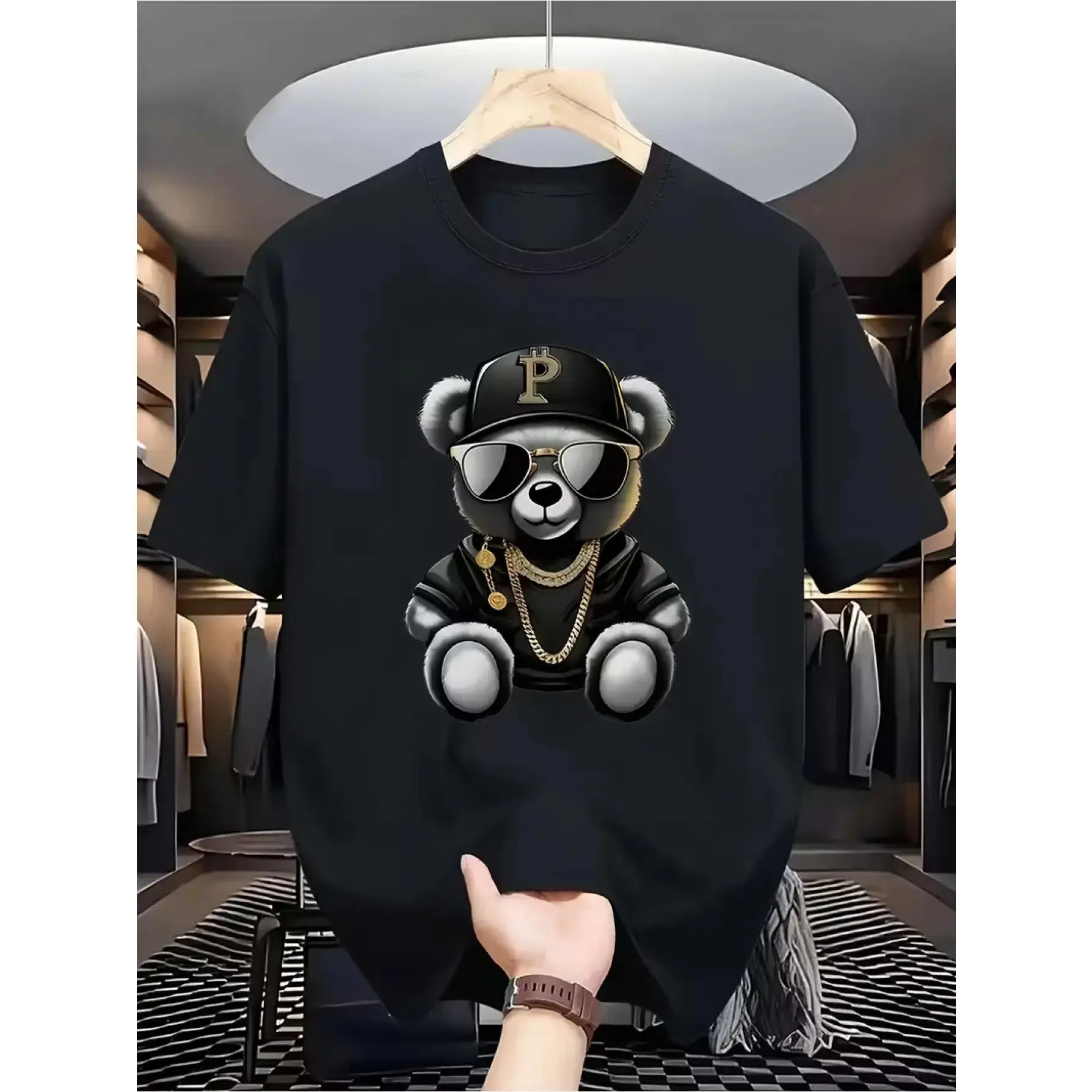 Men's Teddy Bear & Bear Print T-Shirt - Short Sleeve Round Neck Casual Shirt with Random Bear Patterns, Suitable for All-Season Wear, Comfortable Streetwear Style (Black) - Easy Care Machine Washable Teddy Bear Tee for Men &