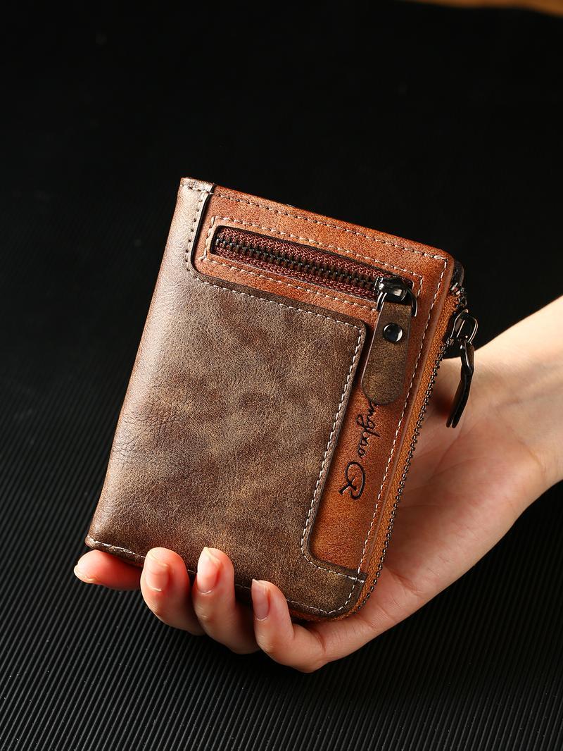 Premium Men's Short ID Card Holder Billfold Casual Leather Zipper Coin Purse Multi-Card Slot Portable Wallet