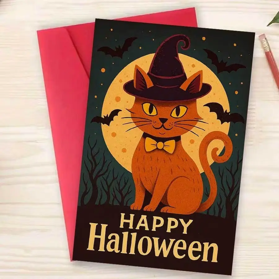 Halloween Card with Adorable Witch Cat Design, Perfect for Friends and Family, Includes Envelope, Ideal for Cat Lovers and Halloween Fans